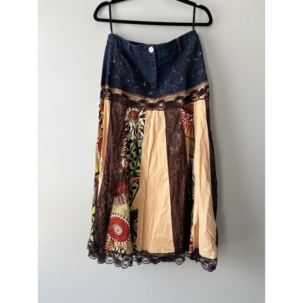 Paradise NY Vintage Y2K 90s Denim Patchwork Tiered Maxi Skirt Blue Sz 8